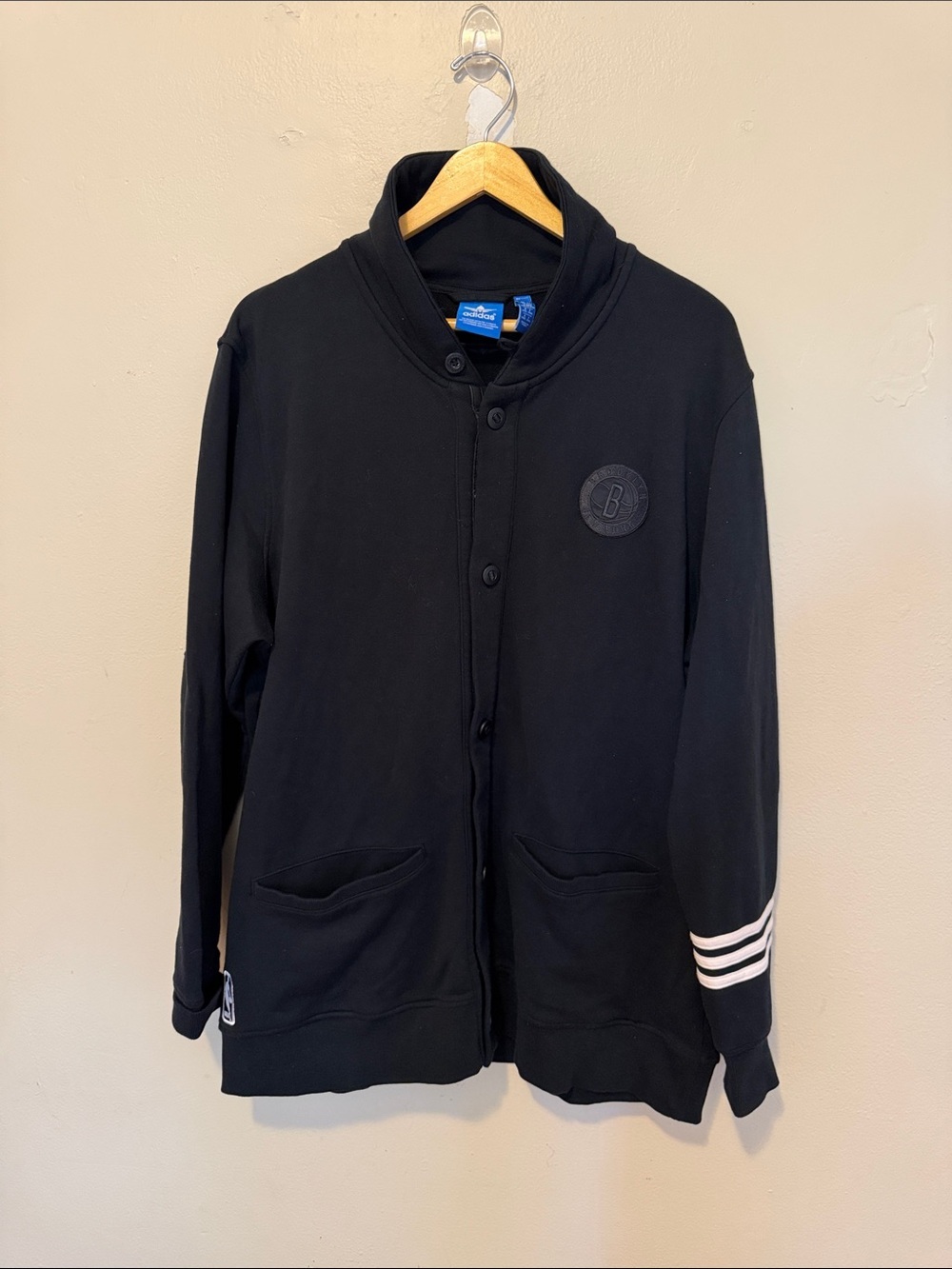 adidas Black Button-Up Jacket with White Sleeve Stripes